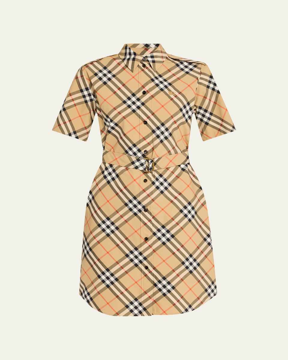 Check Short-Sleeve Belted Mini Shirtdress